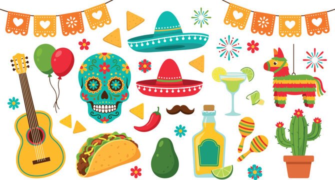 Mexican Fiesta Icon Set Vector Illustration Cinco de Mayo Party Elements Collection with Sombrero Skull Pinata Taco Flat Design