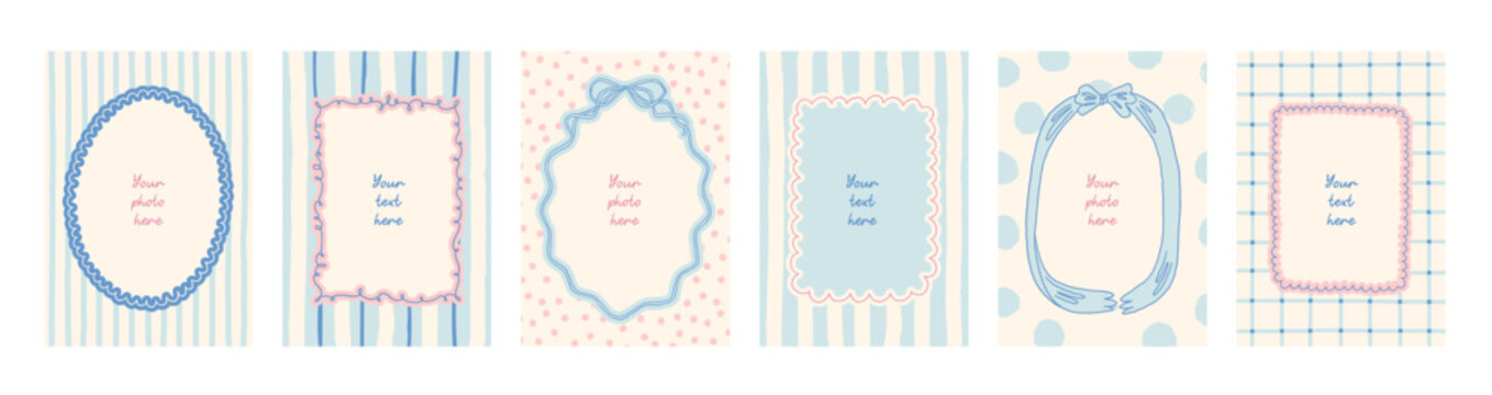 6 Whimsical line art decorative frames on playful pastel background. Collection of 6 premade summer photo frames. Stripes, gingham, plkadot, check patterns. Cute girly birhday invitations, baby shower
