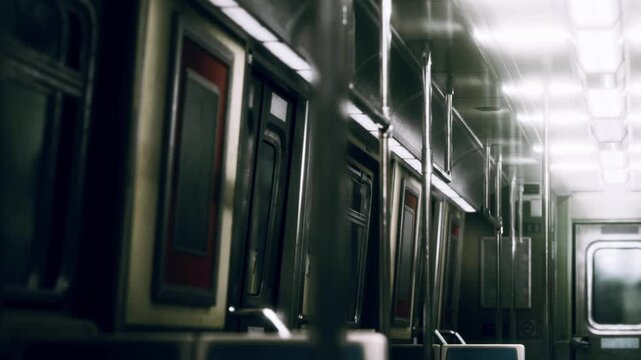 The scene shows the inside of a subway train with empty seats and soft lighting. The train is moving, and there is no one else in sight. The atmosphere feels quiet and spacious.