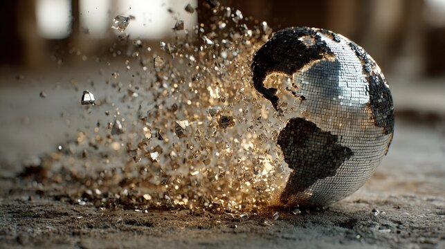 Mirrored disco ball globe shattering and exploding into small fragments on a dusty floor in warm golden light