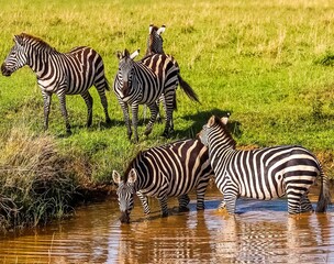 Zebras drinking water savanna wildlife in Kenya © Michael
