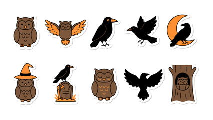 Spooky Night Creatures Sticker Pack: A collection of charmingly spooky illustrations featuring owls and crows in various poses, including with a witch hat, tombstone, and crescent moon. © Abu
