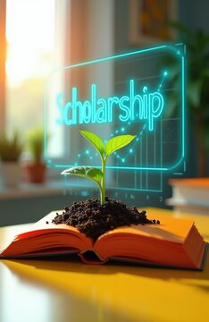 Green plant grows from book soil with scholarship graph overhead. Education concept symbol finance success learning growth opportunity scholarship funding aid application.