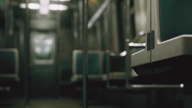 A subway train stands empty during the early morning. The benches are visible and the interior is dim. The scene shows distant light coming from the train door.