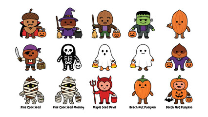 Adorable Halloween Characters: A charming collection of cartoon characters dressed in various Halloween costumes, including an acorn vampire, a witch, a mummy, a skeleton, a ghost, a devil. © Abu