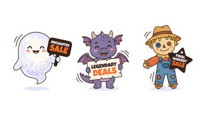 Fototapeta premium Cute Halloween Characters Promoting Sales: A cheerful ghost holding an Enchanted Sale sign, a friendly purple dragon with Legendary Deals, and a happy scarecrow with a Final Harvest Sale sign.