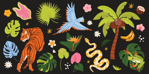 Obraz premium Hand drawn jungle collection with tropical animals, exotic plants and rainforest elements. Tiger, parrot, snake, frog, palm tree, flowers, leaves and fruits. Flat isolated vector illustrations