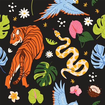 Seamless jungle pattern with tropical animals, exotic plants and rainforest flowers. Tiger, snake, parrot, leaves and botanical elements. Hand drawn flat vector background for fabric, wallpaper and wr