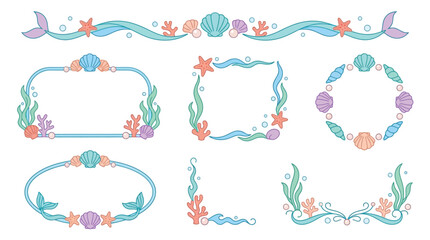 Collection of cute cartoon ocean themed decorative borders and frames with seashells, starfish, seaweed, and mermaid tails. © Pink