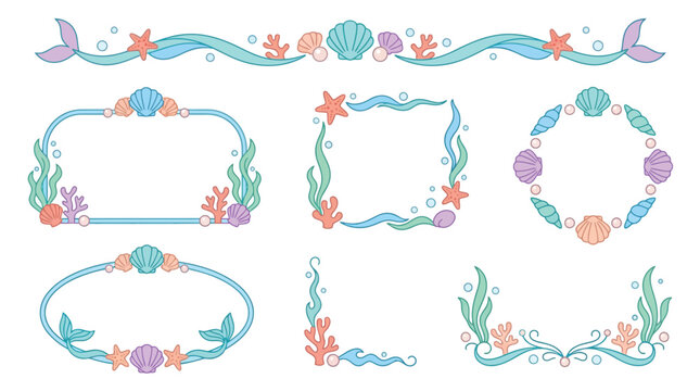 Collection of cute cartoon ocean themed decorative borders and frames with seashells, starfish, seaweed, and mermaid tails.