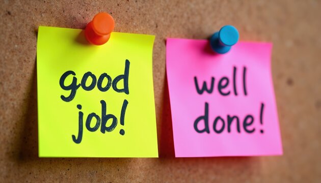 Two colorful sticky notes pinned to a cork board. One note says good job. and the other says well done. conveying appreciation and recognition.