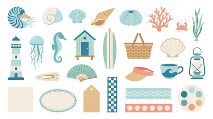 Collection of beach and sea-themed illustrations including shells, lighthouse, seahorse, and surfboard. © Banana Milk