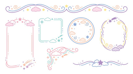 Collection of whimsical pastel borders and frames with stars, clouds, and shooting stars, perfect for invitations and decorations. © Pink