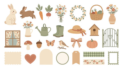 Charming Spring and Autumn Garden Elements Collection with Bunnies, Flowers, and Vegetables. © Banana Milk