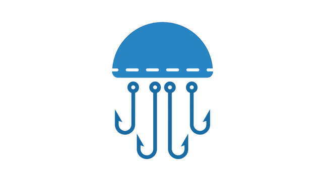 Blue jellyfish logo with fishing hooks as tentacles.