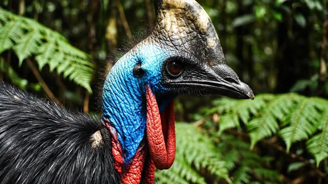 Detailed closeup of a cassowary bird's head and neck, showing its striking blue and red plumage amidst dense green foliage.