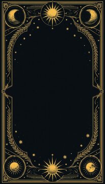 Artistic vintage frame border with sun moon and stars. Celestial occult mystical esoteric design elements. Cosmic spiritual arcane graphic illustration for magic prediction.