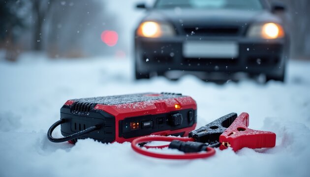 Car battery jumper starter kit sits in snow next to disabled vehicle. Device cables and clamps ready for use on cold winter day. Emergency roadside assistance with portable power pack.