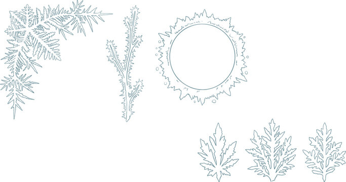 Frost Patterns and Window Ice Crystals Vector Set Featuring Frosted Corner Borders, Ice Branches, Circular Frame, and Winter Snowflake Details