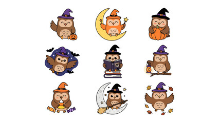 Obraz premium Halloween Owl Collection: A charming set of nine illustrated owls dressed in witch hats and Halloween costumes, enjoying the spooky season with pumpkins, moons, candy, and spellbooks.