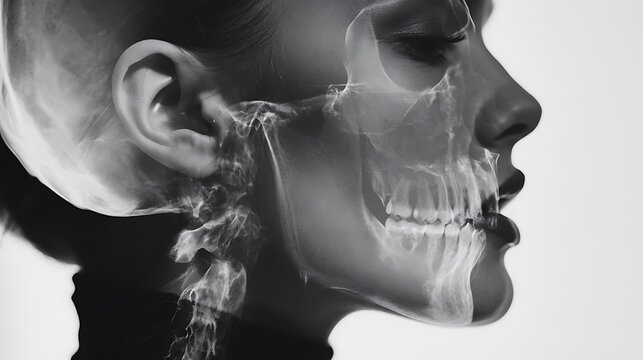 Prompt: A close-up fashion double exposure. A model's facial bone structure is subtly layered with an X-ray scan of a human skull and spine, creating an eerie yet elegant anatomic art piece. 