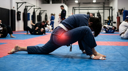 Fototapeta premium Athlete Experiencing Hip Pain During Martial Arts Training: Injury, Rehabilitation & Sports Medicine Concept