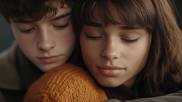 Young couple rests close, eyes closed, in quiet comfort. Soft lighting highlights their peaceful, intimate moment. Warm knitted blanket adds texture and coziness to the scene