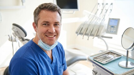 Fototapeta premium Dentist portrait dental clinic healthcare professional smiling in blue scrubs beside instruments showing trusted oral care provider concept for website recruitment branding and patient confidence