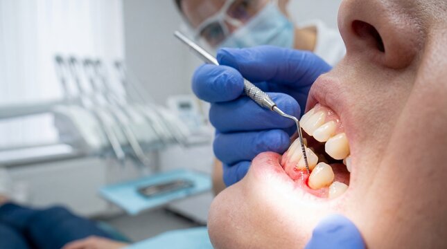 Periodontal probe gum disease pocket depth dentist hands diagnosis showing gingival measurement and preventive oral care concept for periodontics education marketing and early treatment awareness