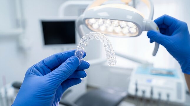 Clear aligner orthodontic tray dentist hands transparent retainer dental clinic showing teeth straightening appliance concept for smile correction marketing patient education and modern orthodontics