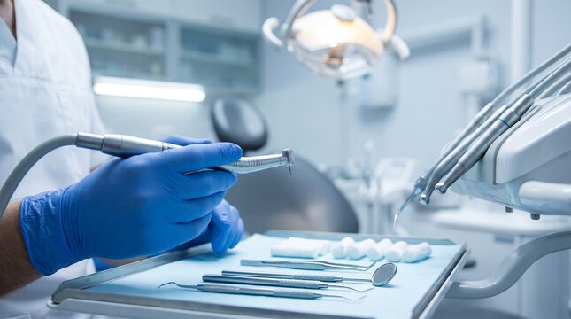 Dental drill handpiece dentist hands clinic instruments restorative treatment preparation showing equipment concept for dentistry training healthcare services technology marketing and patient care