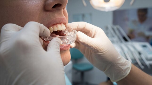 Sports mouthguard fitting dentist patient teeth protection custom appliance showing dental safety procedure concept for sports medicine education clinic marketing and injury prevention campaigns