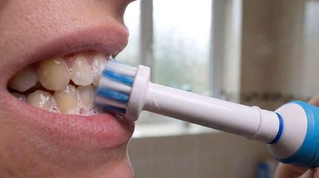 Electric toothbrush teeth cleaning toothpaste foam oral hygiene brushing dental model showing powered action concept for product advertising preventive care education and daily wellness campaigns