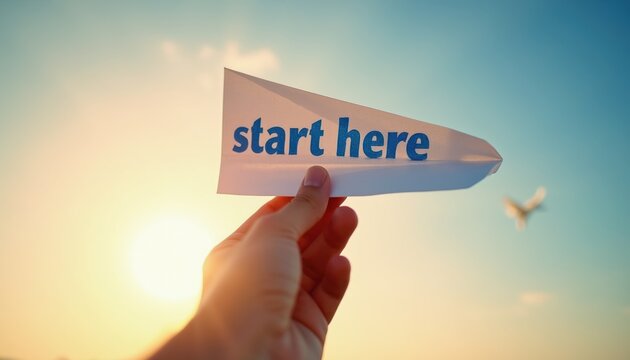 Hand holds paper airplane with start here text. Sun shines bright in sky with bird flying past. New beginning concept or launching project idea.