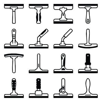 Set of sixteen different squeegee icons for cleaning windows and glass surfaces in a simple black line style