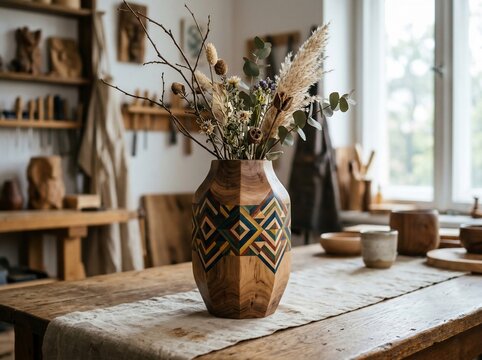 Decorative wooden vase with geometric inlay in a workshop