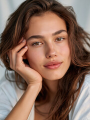 Fototapeta premium Young woman with European features resting her chin on her hand