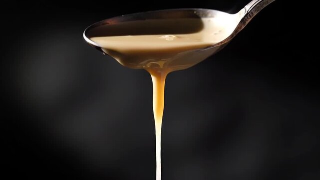 A thick, creamy white liquid drips slowly from the edge of a stainless steel spoon against a dark, moody, textured background, highlighting the smooth texture and viscosity of the sauce.