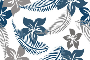 Elegant seamless tropical pattern featuring stylized palm leaves, hibiscus flowers, and botanical foliage in blue and gray tones on a clean white background © วรรณนิดา   ศรีครุฑ