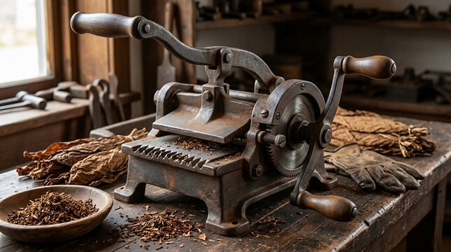 Vintage tobacco leaf cutting machine in a workshop