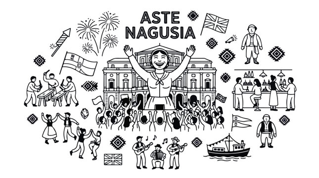 Aste Nagusia Basque festival vector illustration, traditional Bilbao celebration with Marijaia and fireworks, cultural folk event line art