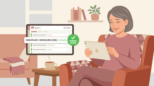 Senior Woman Checking Normal Blood Test Results on Tablet at Home
