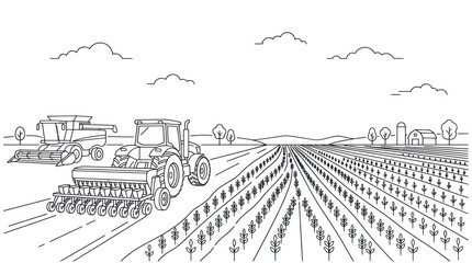 Farm tractor planting seed rows in field line art. © Markilus