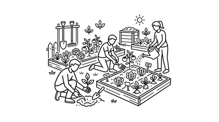 Obraz premium Creative Black and White Line Drawing of People Gardening Together in Raised Beds with Various Plants and Tools