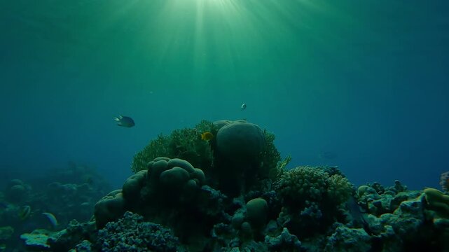 Beautiful coral reef, highlighted by morning light, in sun back lighting, with multicolored fish swimming above it. Natural Underwater Background with Tropical Reef in Sunrays Backlit at Sunrise