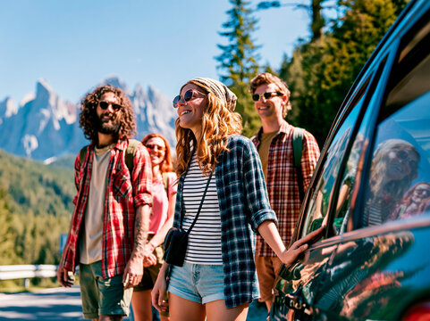 Young friends standing beside their car while exploring a scenic mountain destination. Summer road trip filled with friendship, freedom and outdoor adventure.