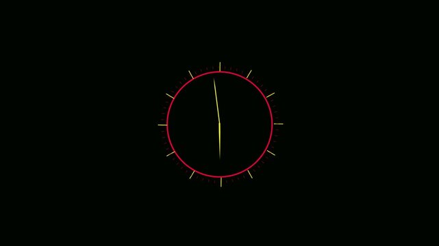 Abstract analog clock animation featuring a red circular frame and yellow hands spinning fast on a black background with alpha channel for motion graphics and video editing