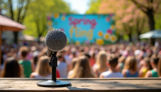 Microphone stands ready on wooden stage for outdoor spring event performance. Large audience watches performers against colorful backdrop. Sunny day event with music and entertainment.