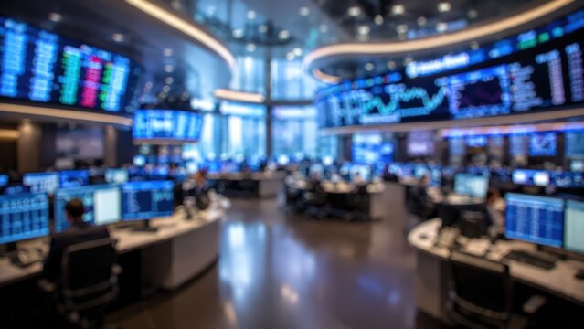 Stock market trading floor blurred background financial data analysis digital technology command center office corporate bokeh displays