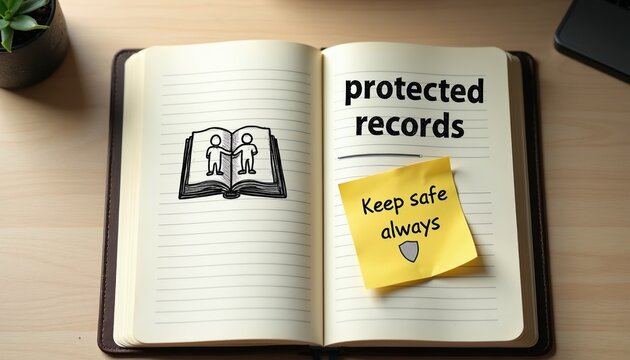 Open notebook displays protected records text. Sketch shows book with two people. Yellow note says Keep safe always with shield icon. Concept art on desk.